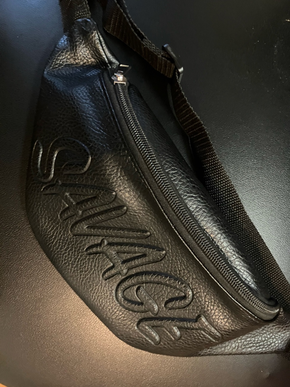 Black Men's Leather Sling Bag - Branded Script Design